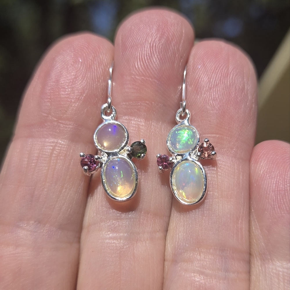Opal 3k Each & Tourmaline Natural Gemstone Sterling Earrings - Picture 7 of 10